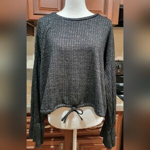 Mustard Seed Oversized Black & Metallic Silver Crop Top Women's Size Large NWT